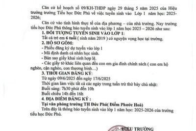 Trường tiểu học Đức Phú thông báo tuyển sinh vào lớp 1 năm học 2025-2026